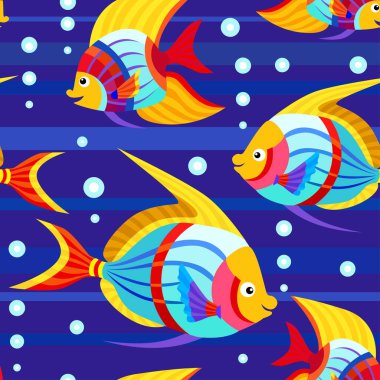 Mavi arka planda tropikal balıklarla kusursuz bir desen. Kumaş tasarımı, duvar kâğıdı, arka planlar, baskılar, posterler, hatıra defteri vs. Vektör