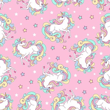 Beyaz tek boynuzlu atlar ve pembe arka planda yıldızlar. Çocuk kumaşı tasarımı, duvar kağıdı, arka plan, baskılar, posterler, kartlar, ambalaj kağıtları vs. için. Vektör