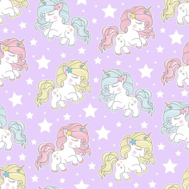 Pembe arka planda şirin tek boynuzlu atlar olan kusursuz bir desen. Çocuk kumaşı tasarımı, duvar kâğıdı, arka plan, hatıra defteri, ambalaj kağıdı vs. Vektör
