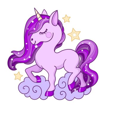 Yıldızlı bulutların üzerinde mor yeleli güzel pembe tek boynuzlu at. Beyaz arka planda izole edilmiş. Çocuk tasarım baskıları, posterler, kartlar, çıkartmalar vesaire için. Vektör illüstrasyonu