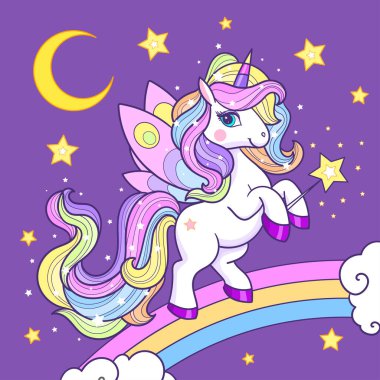 Kelebek kanatları ve gökkuşağında sihirli değneği olan şirin tek boynuzlu at çizgi filmi. Çocuk baskıları, posterler, kartlar, çıkartmalar, bulmacalar vesaire için. Vektör illüstrasyonu