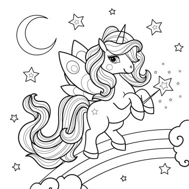 Kelebek kanatları ve gökkuşağında sihirli değneği olan tek boynuzlu bir at çizgi filmi. Çocuk boyama kitapları, baskılar, posterler, kartpostallar, yapıştırmalar, bulmacalar vs. için. Vektör illüstrasyonu