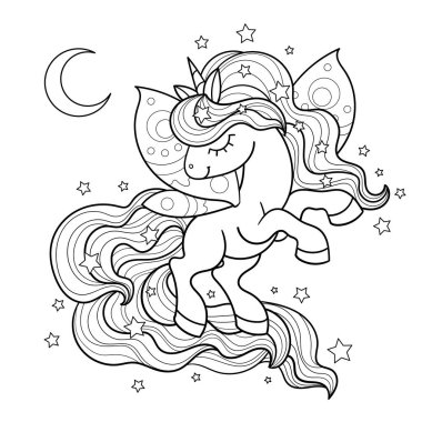 Uzun kuyruklu ve kelebek kanatlı güzel tek boynuzlu at siyah ve beyaz çizgisel çizim. Çocuk boyama kitapları, baskılar, posterler, kartpostallar vesaire için. Vektör illüstrasyonu