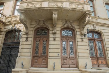 Bank building in Baku . Bank enterence exterior door . BAnk facade outside house enterence . Architecture cityscape of the city . Architecture landmark . Window building enterance Europe . clipart