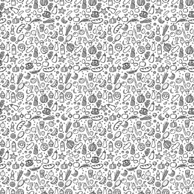 Yemek simgeleriyle kusursuz desen. Yiyecek, mantar, tatlı, sebze ve meyve ikonları. vektör gıda simgeleri