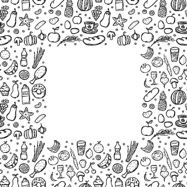 涂鸦的食物框架 蔬菜和水果的图标 病媒食物图标 — 图库矢量图片