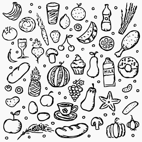 Doodle Élelmiszer Ikonok Ételek Gombák Édességek Zöldségek Gyümölcsök Ikonjai Élelmiszer — Stock Vector