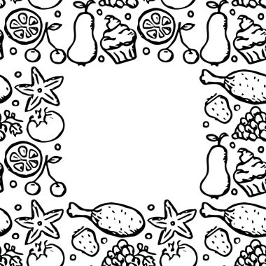 Yemek çerçevesini karala. Yiyecek, mantar, tatlı, sebze ve meyve ikonları. vektör gıda simgeleri