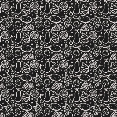 Yemek simgeleriyle kusursuz desen. Yiyecek, mantar, tatlı, sebze ve meyve ikonları. vektör gıda simgeleri