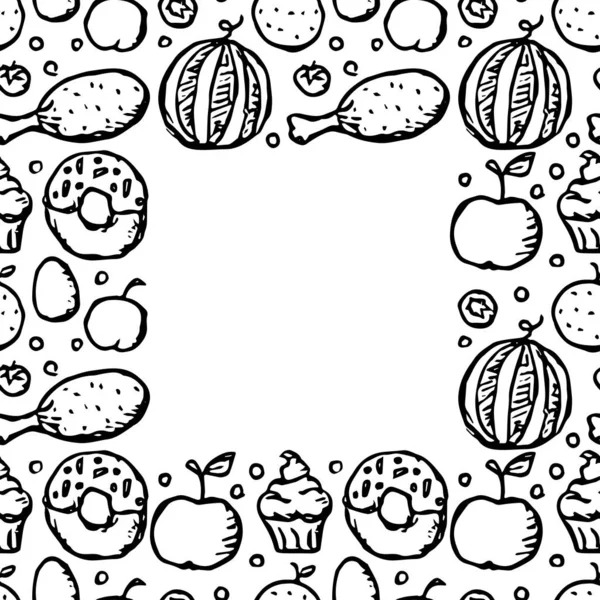涂鸦的食物框架 蔬菜和水果的图标 病媒食物图标 — 图库矢量图片
