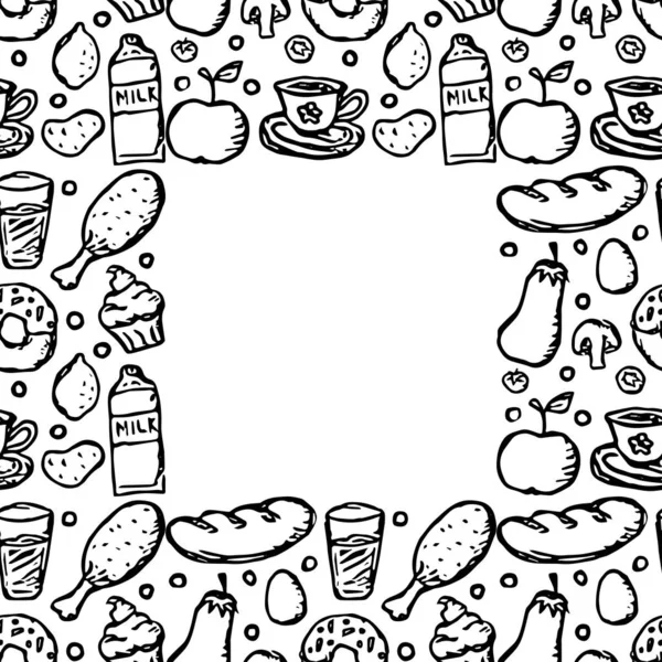Doodle Food Rahmen Ikonen Des Essens Pilze Süßigkeiten Gemüse Und — Stockvektor
