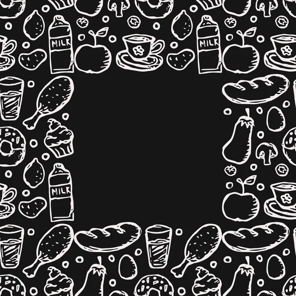 Doodle Ételkeret Ételek Gombák Édességek Zöldségek Gyümölcsök Ikonjai Élelmiszer Vektor — Stock Vector