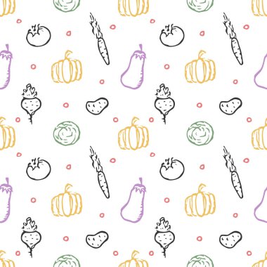 Sebze ikonlarıyla kusursuz desen. Sebze şekilli karalama. Gıda arkaplanı