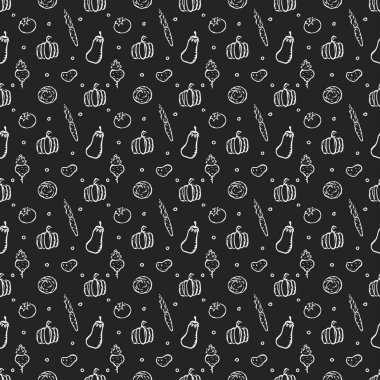 Sebze ikonlarıyla kusursuz desen. Sebze şekilli karalama. Gıda arkaplanı