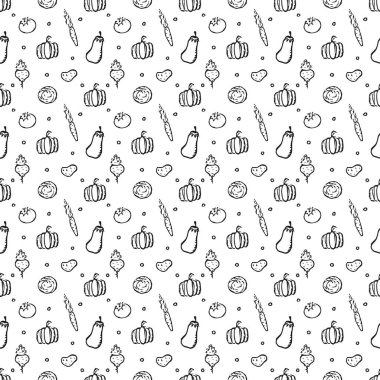 Sebze ikonlarıyla kusursuz desen. Sebze şekilli karalama. Gıda arkaplanı