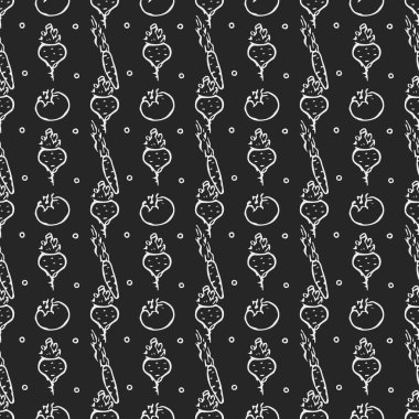 Sebze ikonlarıyla kusursuz desen. Sebze şekilli karalama. Gıda arkaplanı