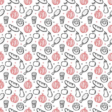 Yemek simgeleriyle kusursuz desen. Yemek kalıplarını karala. Gıda arkaplanı