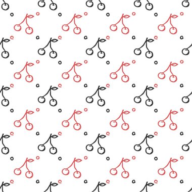 Kusursuz kiraz deseni. Kırmızı kiraz ikonlu Doodle vektörü. Vintage kiraz deseni