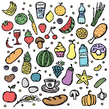 Doodle food icons. vector food background
