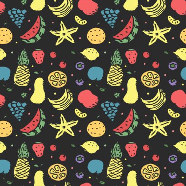 Kusursuz meyve deseni. Meyve ikonlarıyla arkaplanı karala. Meyve arkaplanı