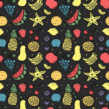 Kusursuz meyve deseni. Meyve ikonlarıyla arkaplanı karala. Meyve arkaplanı