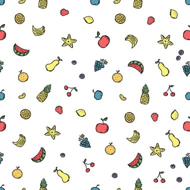 Kusursuz meyve deseni. Meyve ikonlarıyla arkaplanı karala. Meyve arkaplanı