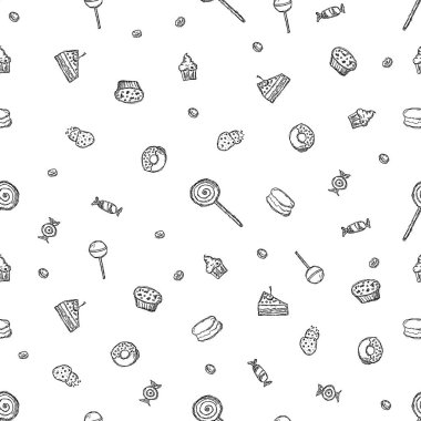 Şekerlerle kusursuz desen. Şekerlemeli Doodle vektör çizimi. Klasik tatlılar illüstrasyonu, tatlı elementler projeniz, menünüz, kafe dükkanınız için arka plan