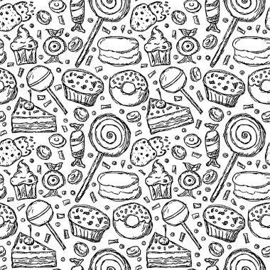 Şekerlerle kusursuz desen. Şekerlemeli Doodle vektör çizimi. Klasik tatlılar illüstrasyonu, tatlı elementler projeniz, menünüz, kafe dükkanınız için arka plan