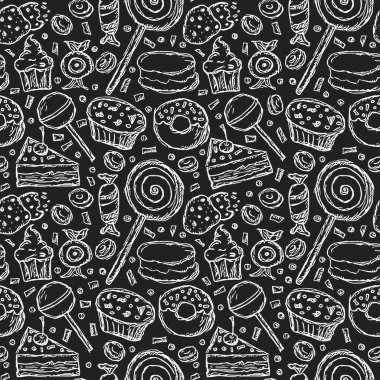 Şekerlerle kusursuz desen. Şekerlemeli Doodle vektör çizimi. Klasik tatlılar illüstrasyonu, tatlı elementler projeniz, menünüz, kafe dükkanınız için arka plan