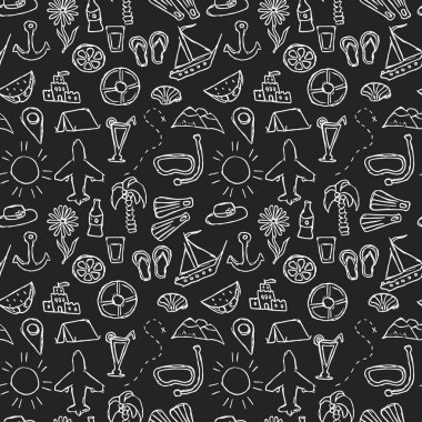 Summer seamless pattern. travel background. Travel vacation set of icons, journey and trip background. Doodle summer travel icons. Vacation vector pattern with travel icons