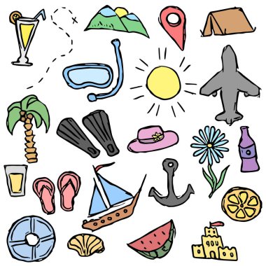 travel background. Travel vacation set of icons, journey and trip background. Doodle summer travel icons
