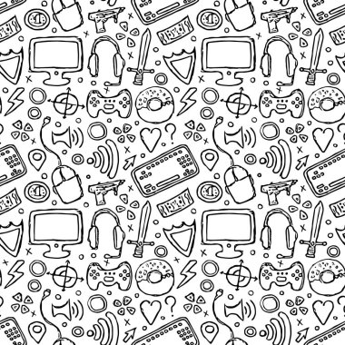 Kusursuz oyun düzeni. Gamepad, monitör, klavye, bilgisayar faresi, kulaklığı olan arkaplan