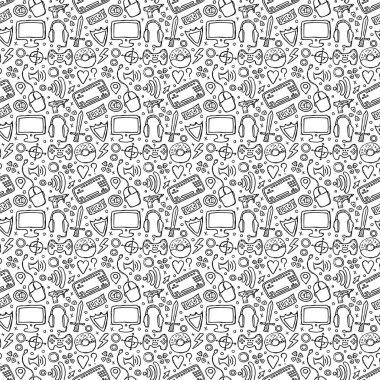 Kusursuz oyun düzeni. Gamepad, monitör, klavye, bilgisayar faresi, kulaklığı olan arkaplan