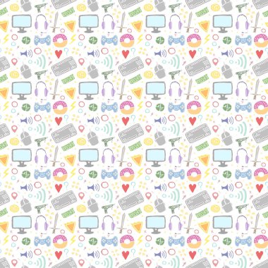 Seamless gaming pattern. Background with gamepad,monitor, keyboard, computer mouse, headphones