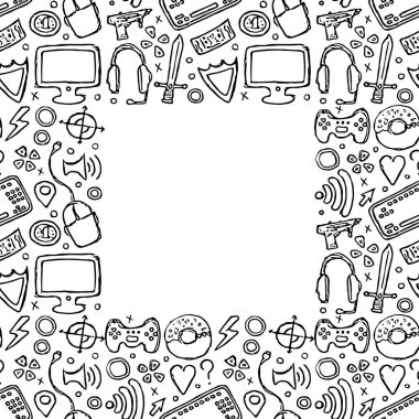 Kusursuz oyun çerçevesi. Gamepad, monitör, klavye, bilgisayar faresi, kulaklığı olan arkaplan