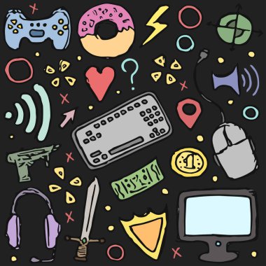 Oyun ikonları. Gamepad, monitör, klavye, bilgisayar faresi, kulaklığı olan arkaplan