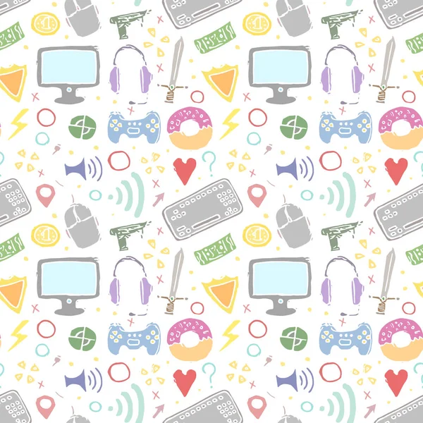 Seamless Gaming Pattern Background Gamepad Monitor Keyboard Computer Mouse Headphones — Image vectorielle