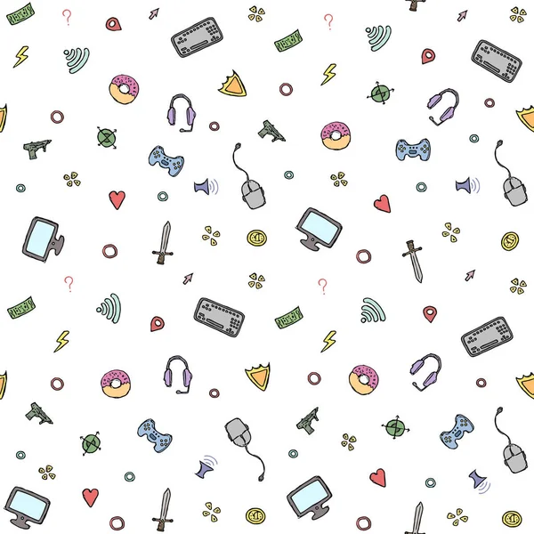 Seamless Gaming Pattern Background Gamepad Monitor Keyboard Computer Mouse Headphones — Vector de stock
