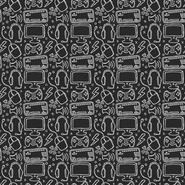 Kusursuz oyun düzeni. Gamepad, monitör, klavye, bilgisayar faresi, kulaklığı olan arkaplan