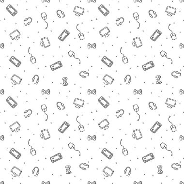 Kusursuz oyun düzeni. Gamepad, monitör, klavye, bilgisayar faresi, kulaklığı olan arkaplan