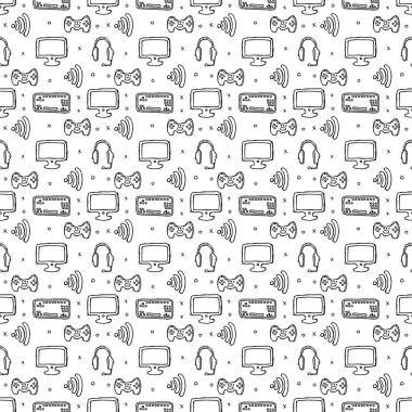 Seamless gaming pattern. Background with gamepad,monitor, keyboard, computer mouse, headphones