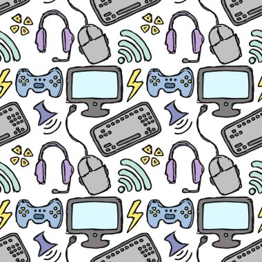 Kusursuz oyun düzeni. Gamepad, monitör, klavye, bilgisayar faresi, kulaklığı olan arkaplan