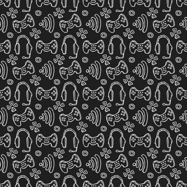 Kusursuz oyun düzeni. Gamepad, monitör, klavye, bilgisayar faresi, kulaklığı olan arkaplan