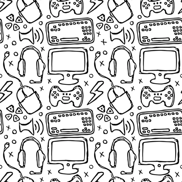 Seamless Gaming Pattern Background Gamepad Monitor Keyboard Computer Mouse Headphones — Wektor stockowy