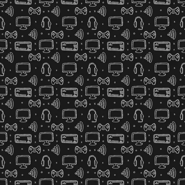 Seamless Gaming Pattern Background Gamepad Monitor Keyboard Computer Mouse Headphones — Vettoriale Stock