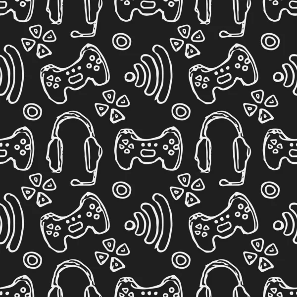 Seamless Gaming Pattern Background Gamepad Monitor Keyboard Computer Mouse Headphones — Vettoriale Stock