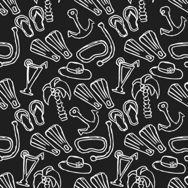 Summer seamless pattern. travel background. Travel vacation set of icons, journey and trip background. Doodle summer travel icons. Vacation vector pattern with travel icons