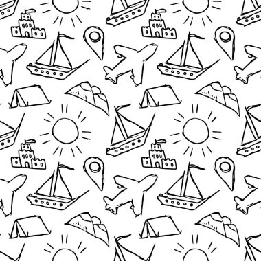 Summer seamless pattern. travel background. Travel vacation set of icons, journey and trip background. Doodle summer travel icons. Vacation vector pattern with travel icons