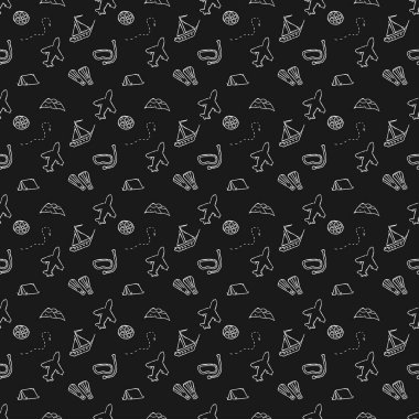 Summer seamless pattern. travel background. Travel vacation set of icons, journey and trip background. Doodle summer travel icons. Vacation vector pattern with travel icons