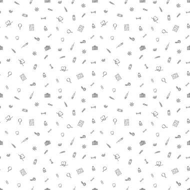 Kusursuz tıp düzeni. Beyaz arka planda ilaç ikonları olan karalama çizimi. Eski ilaç simgeleri